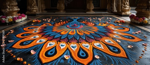 Vibrant and intricate peacock rangoli design featuring bold colors and floral accents on a traditional floor setting photo