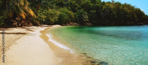 Fototapeta Naklejka Na Ścianę i Meble -  Serene Caribbean beach with pristine sands and turquoise waters ideal for relaxation and creative text placement