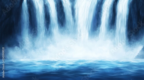 A serene waterfall cascading into an azure pool, surrounded by mist and tranquility.