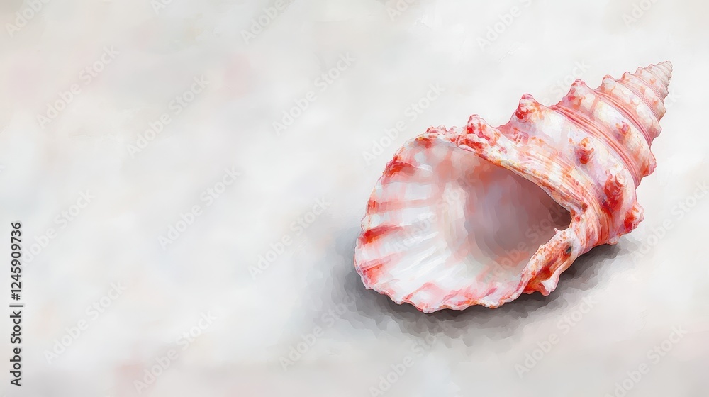 A beautiful red-striped seashell rests elegantly on a soft, blurred background. A beautiful red-striped seashell rests elegantly on a soft, blurred background.