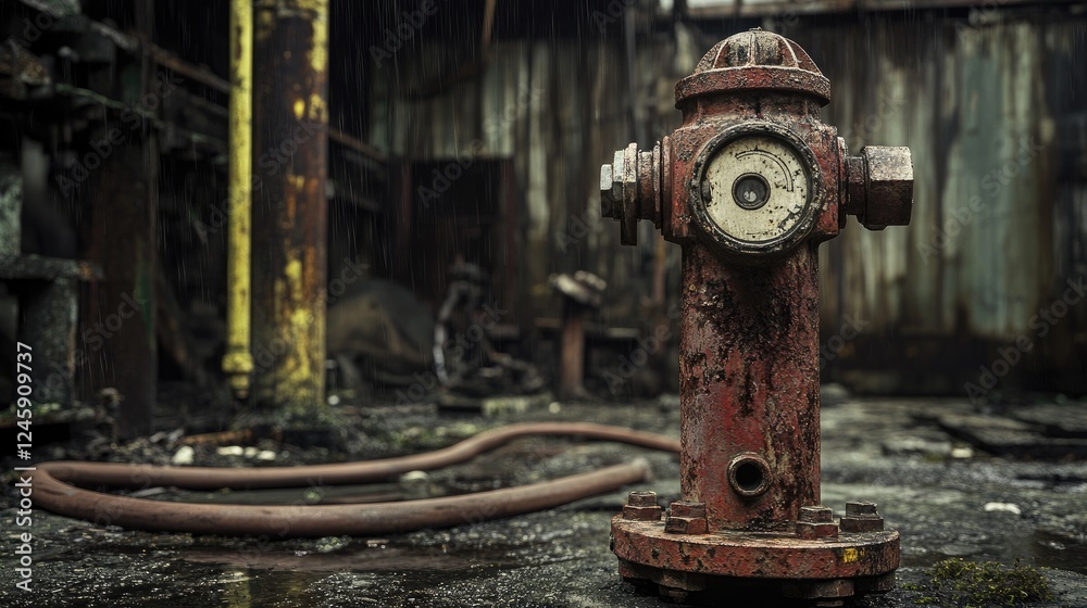 A weathered, rusty fire hydrant with an old fire hose in an industrial landscape, featuring worn machinery and a moody, atmospheric backdrop. A weathered, rusty fire hydrant with an old fire hose in an industrial landscape, featuring worn machinery and a moody, atmospheric backdrop.