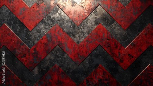 Textured black background with jagged red chevron stripes. Grunge pattern with industrial feel.