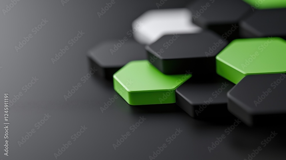 Abstract Geometric Composition of Black Green and White Hexagons on Dark Background Abstract Geometric Composition of Black Green and White Hexagons on Dark Background