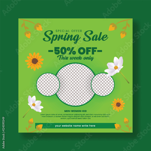 Spring sale offer editable social media post, banner, ads template with spring floral background, Spring floral frame social media square flyer or poster design, wedding invitation promotional design