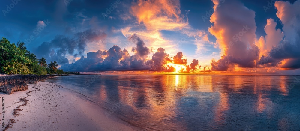 Obraz premium Stunning Tropical Sunset Over Serene Ocean with Vibrant Clouds and Reflection Ideal for Nature Landscape Promotions and Travel Themes