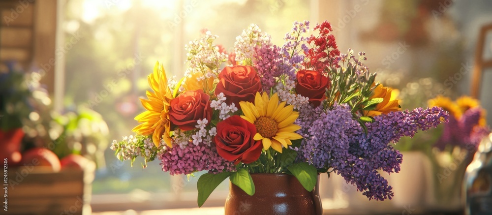 Obraz premium Colorful bouquet of fresh flowers in a vase with vibrant blooms against a sunlit backdrop creating a warm and inviting atmosphere.