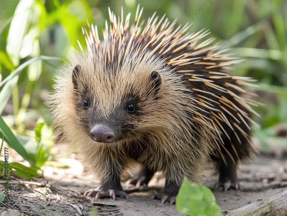 Fototapeta premium Close-up of a cute young Hedgehog looking at the camera with leaves on the ground