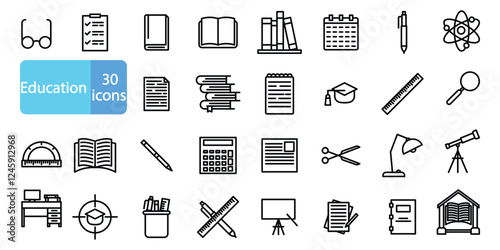 Set of 30 line icons for education, back to school, learning, school. Outline icon set vector