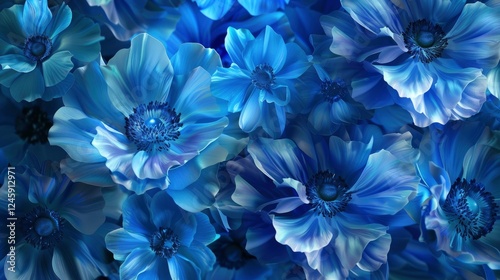 Blue anemone flowers. Floral background. 3d render