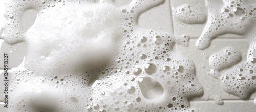 Foamy soap detergent bubbles on a tiled bathroom floor showcasing cleaning and washing process in a top view perspective.