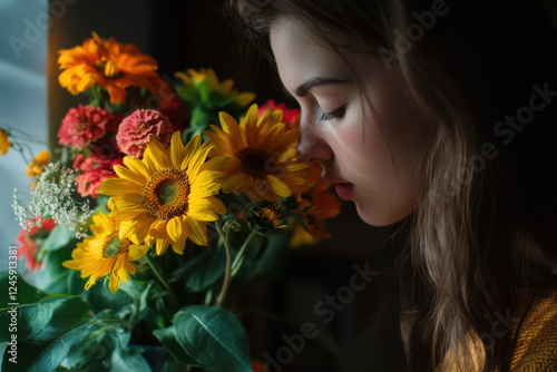 Woman smells bouquet of sunflowers with zinnia flowers arranging in vase at home. Lady enjoys fresh blooms. Interior