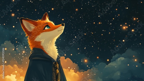 A dreamy cartoon fox wearing a Slytherin robe and tie, drifting through space with a soft minimalistic background of stars photo