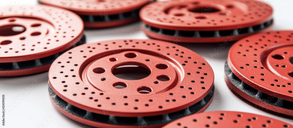 High-quality red car brake discs arranged on a white background showcasing automotive spare parts for vehicle maintenance and repair. High-quality red car brake discs arranged on a white background showcasing automotive spare parts for vehicle maintenance and repair.