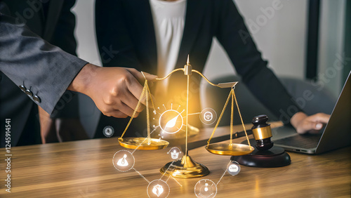 Legal professional touches justice icons illustrating law compliance notary service online legal advice supporting business frameworks concept as Suited advisor interacts with virtual justice interfac photo