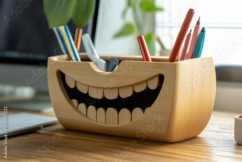A desk organizer with drawers as mouths, laughing as supplies pop in and out