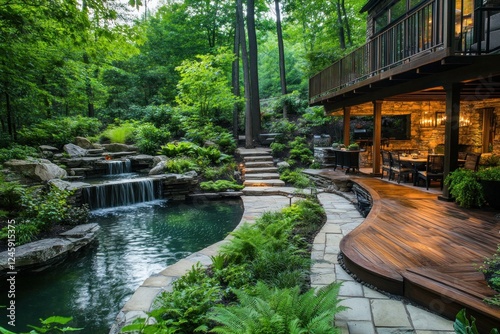 Patio with waterfall in woodland setting; stone stairs lead to upper deck photo