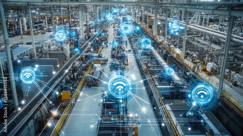 Aerial view of sensor nodes in a manufacturing facility with visual connections indicating the speed and coverage of 5G networks in action. Aerial view of sensor nodes in a manufacturing facility with visual connections indicating the speed and coverage of 5G networks in action.