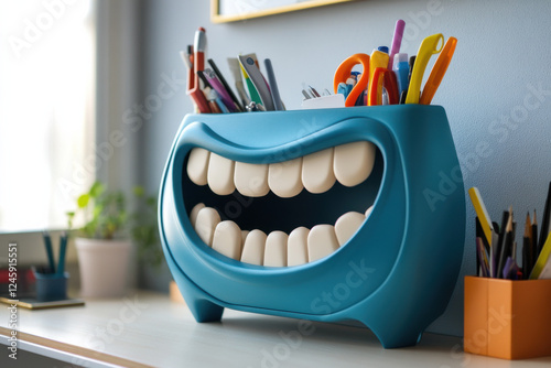 A desk organizer with drawers as mouths, laughing as supplies pop in and out