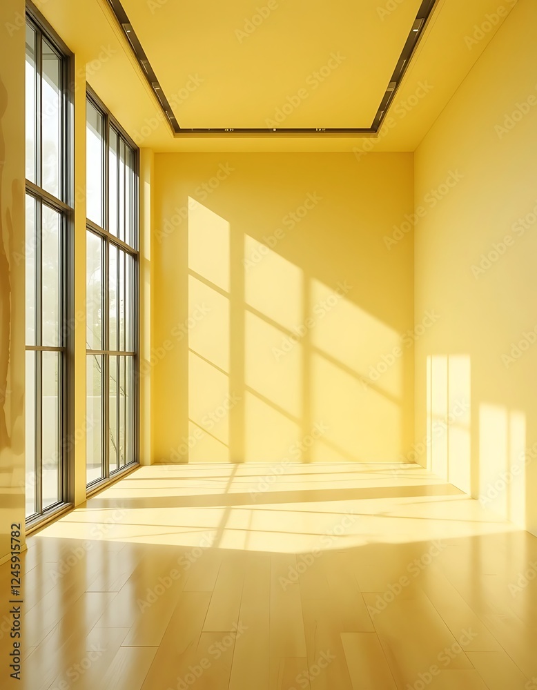Fototapeta premium Sunlit Empty Room With Large Windows And Yellow Walls