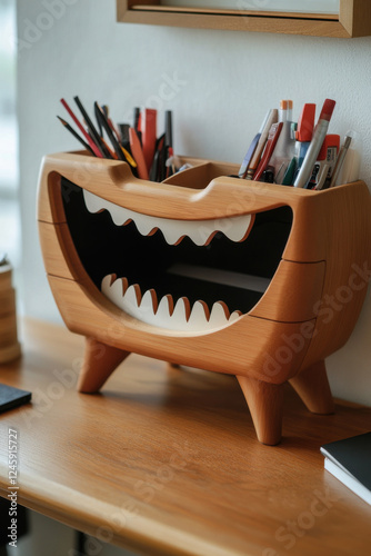 A desk organizer with drawers as mouths, laughing as supplies pop in and out