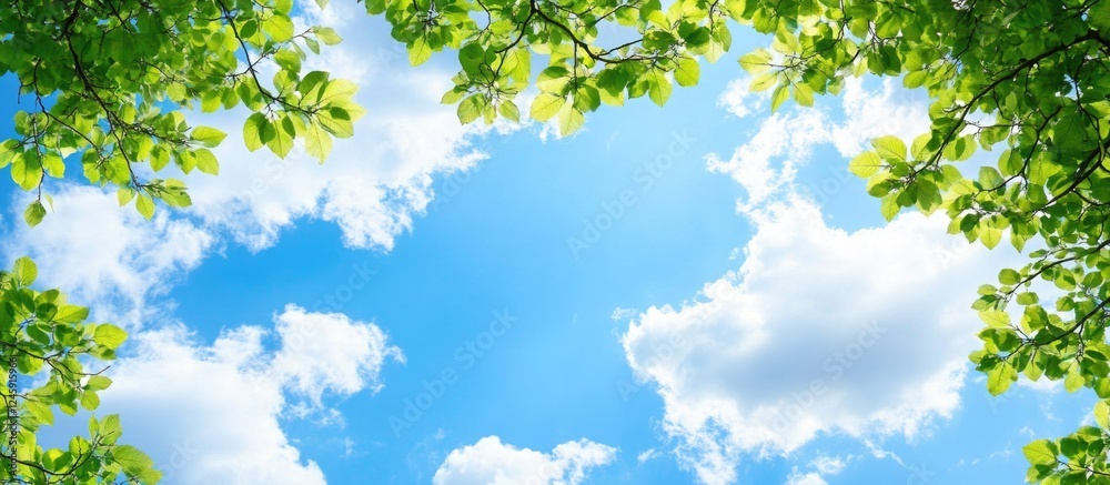 Lush green tree branches framing a bright blue sky with fluffy white clouds creating a serene and inviting natural landscape scene.
