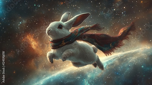 A mystical rabbit wearing a Slytherin scarf, soaring across a cosmic space scene with a minimalistic background  photo