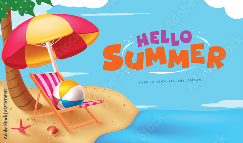 Hello Summer text vector design. Hello summer greeting text with chair, sea shell, umbrella, starfish and beachball elements in beach seaside background. Vector illustration.