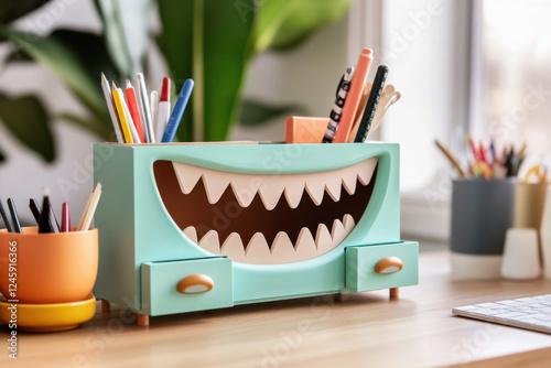 A desk organizer with drawers as mouths, laughing as supplies pop in and out