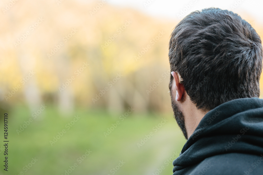 Deaf man with hearing aid enjoying nature in a serene outdoor setting on a sunny day Deaf man with hearing aid enjoying nature in a serene outdoor setting on a sunny day