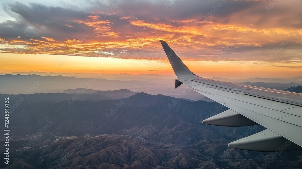 Obraz premium An aerial view of distant mountain peaks and rolling hills at sunset, with vibrant golden tones and dramatic clouds painting the sky from an airplane window.