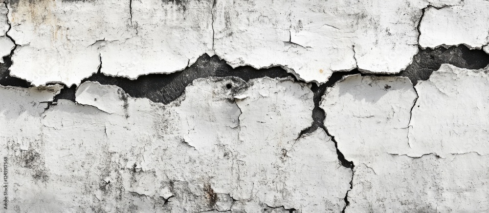 Fototapeta premium Cracked white wall texture in black and white with vintage vignette creating a weathered and aged appearance for artistic backgrounds.