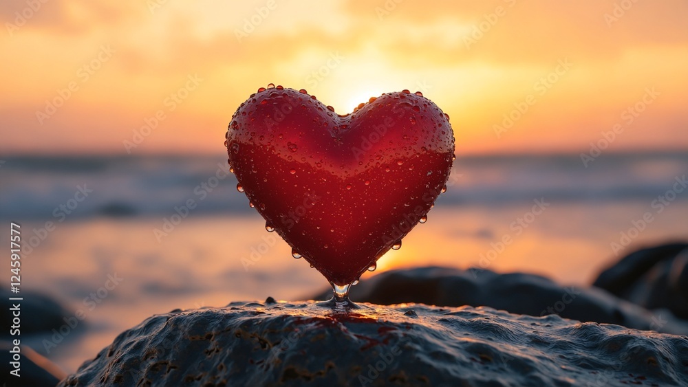 Fototapeta premium Red heart with water drops standing on wet rock during sunset