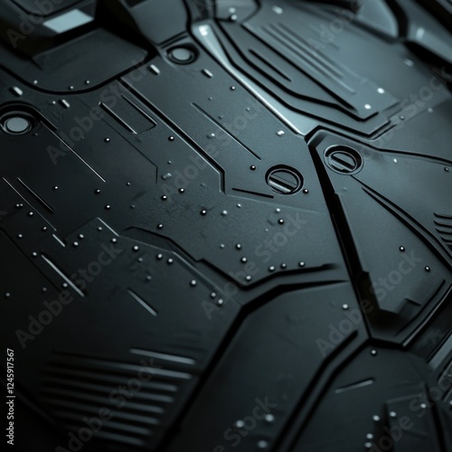 Close up of a computer circuit with a futuristic black armor metallic texture and zen papaya background