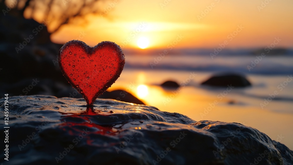 Fototapeta premium Red heart with water drops standing on wet rock during sunset