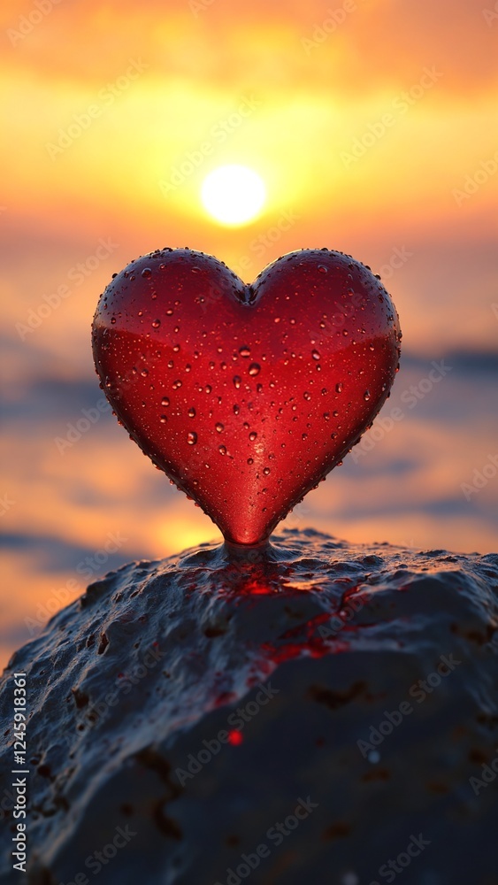 Fototapeta premium Red heart with water drops standing on wet rock during sunset