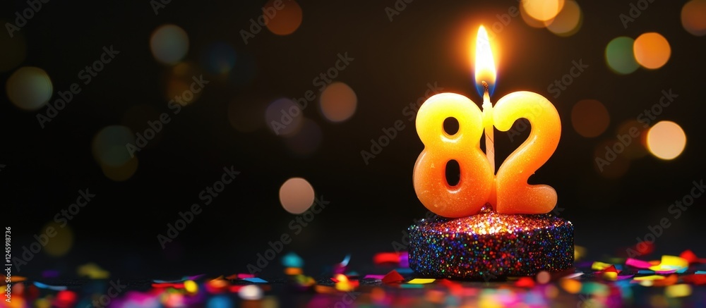 Naklejka premium Birthday candle number 82 illuminated on a black background with colorful confetti for a festive celebration theme.