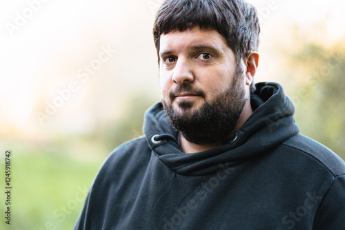 Deaf man wearing hearing aid in outdoor setting during daylight