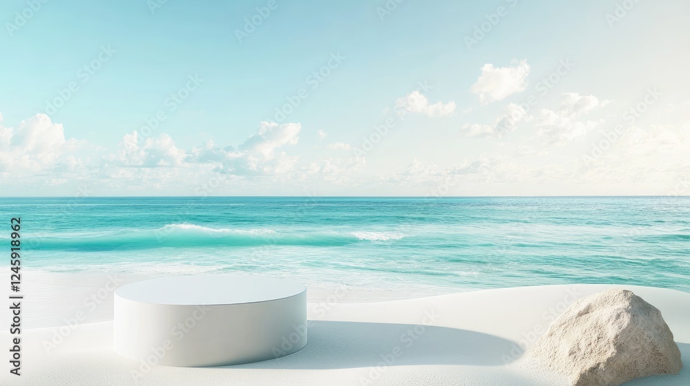 An empty product pedestal set against a stunning backdrop of white sand and turquoise water, creating a serene and luxurious display for cosmetics. An empty product pedestal set against a stunning backdrop of white sand and turquoise water, creating a serene and luxurious display for cosmetics.