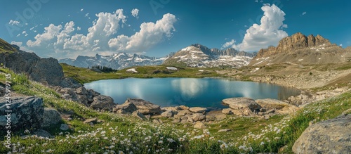 Chandrataal Lake in Spiti Himachal Pradesh India surrounded by majestic mountains and blooming wildflowers under a clear blue sky photo