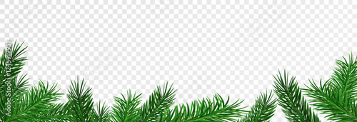 Garland of spruce branches. Christmas holiday decorations, realistic live fir tree effect with decorations for poster banners, png vector.
