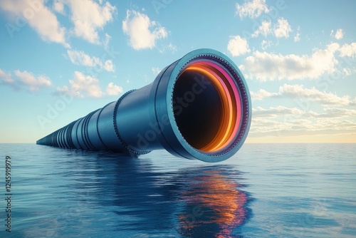 Surrealistic Periscope Emerging from Calm Waters with Colorful Lens Under Blue Sky