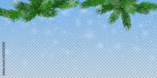Garland of spruce branches. Christmas holiday decorations, realistic live fir tree effect with decorations for poster banners, png vector.
