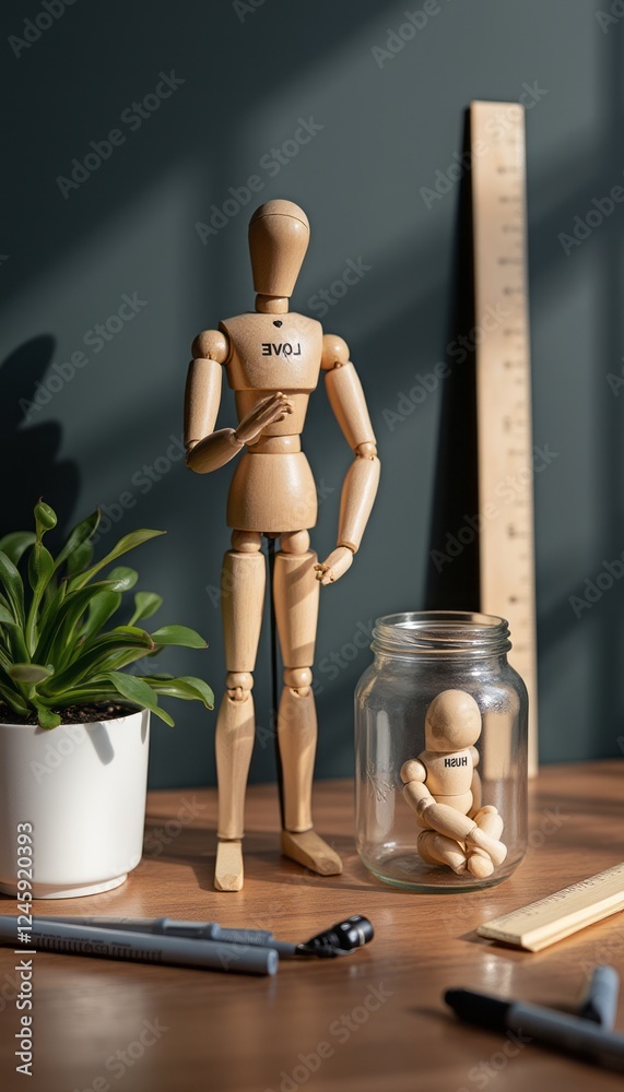 A wooden mannequin labeled LOVE stands beside a jar containing a smaller mannequin labeled HUMAN, evoking themes of affection and protection. This artistic arrangement highlights the emotional A wooden mannequin labeled LOVE stands beside a jar containing a smaller mannequin labeled HUMAN, evoking themes of affection and protection. This artistic arrangement highlights the emotional