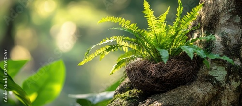 Tropical bird's nest fern Asplenium nidus growing on a tree trunk in lush green forest setting evoking tranquility and natural beauty photo