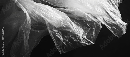 Elegant black and white abstract composition of flowing plastic wrap against a dark background showcasing texture and movement.