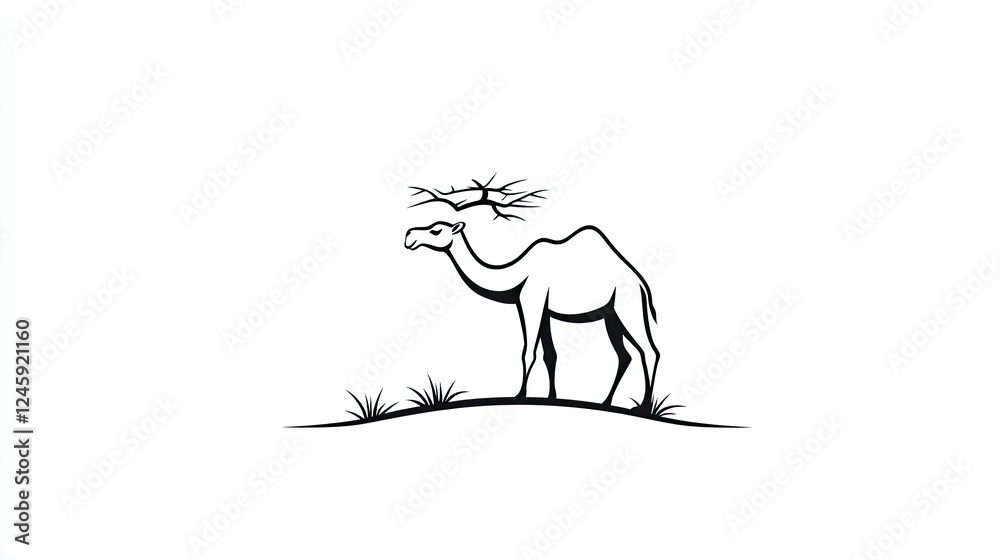 Fototapeta premium A solitary camel stands on a hill under a barren tree in a minimalist desert landscape
