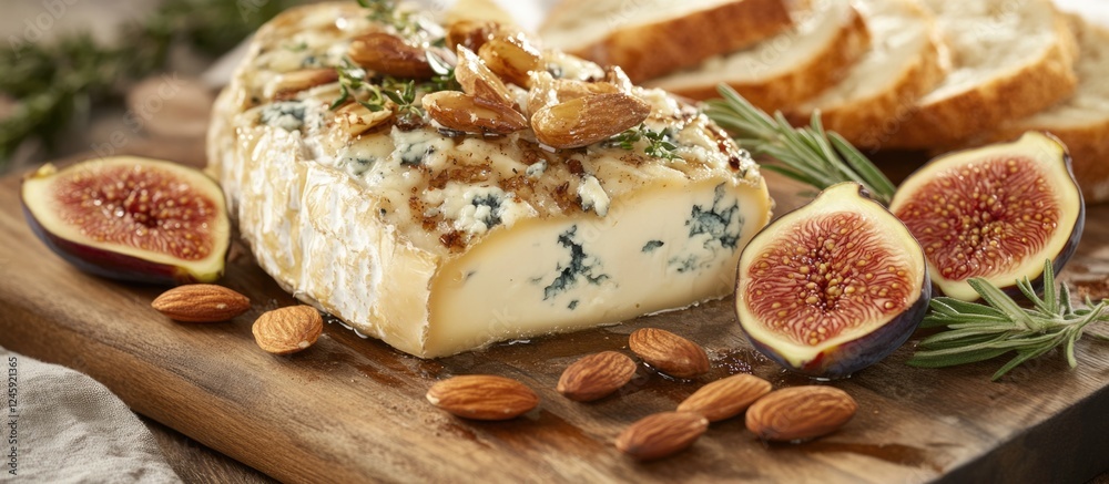 Gourmet cheese selection featuring blue cheese, camembert, and brie accompanied by figs, almonds, and bread on a rustic wooden board Gourmet cheese selection featuring blue cheese, camembert, and brie accompanied by figs, almonds, and bread on a rustic wooden board