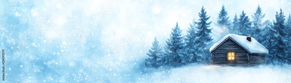 Naklejka premium A serene winter landscape featuring a cozy cabin surrounded by snow-covered trees.