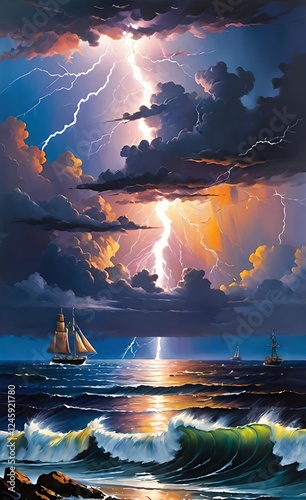 Illustration of a view of a ship at sea during a thunderstorm