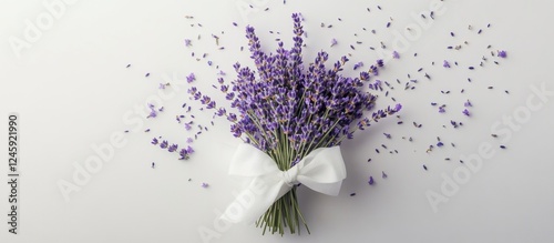 Wallpaper Mural Lavender bouquet with white bow on a white background showcasing floral arrangement and natural beauty in a flat lay composition Torontodigital.ca